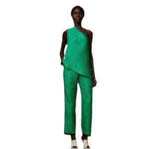 Rosie Assoulin Textured Twill Pants Green Straight Leg High Rise Women’s Size 2